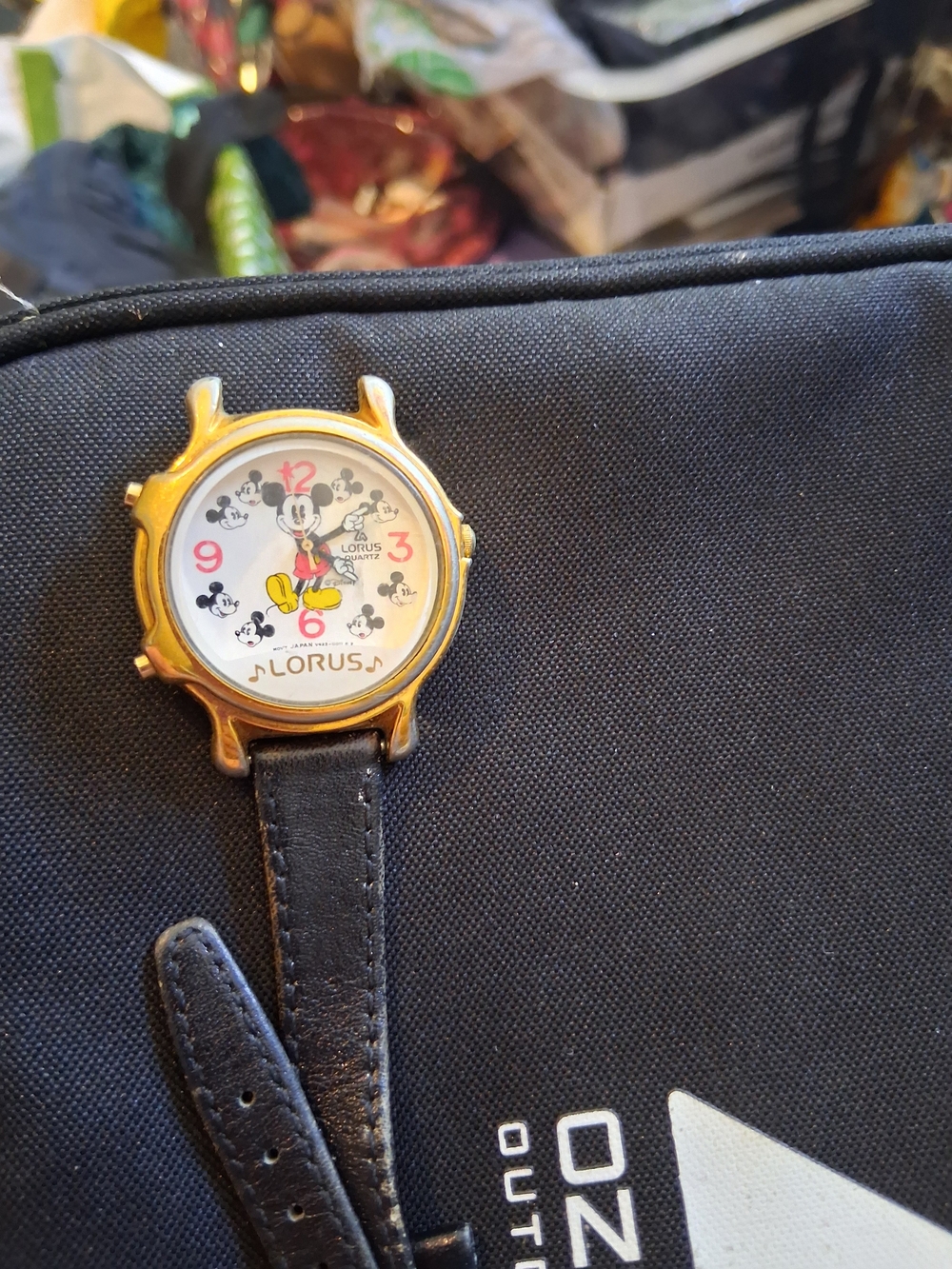 Lorus Mickey Mouse Gold-Tone Watch with Black Leather Strap